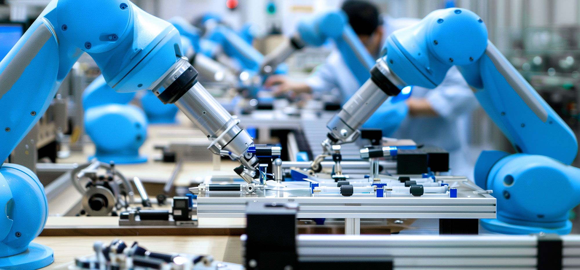 Blaue Cobots montieren Kleinteile in einer automatisierten Produktionslinie