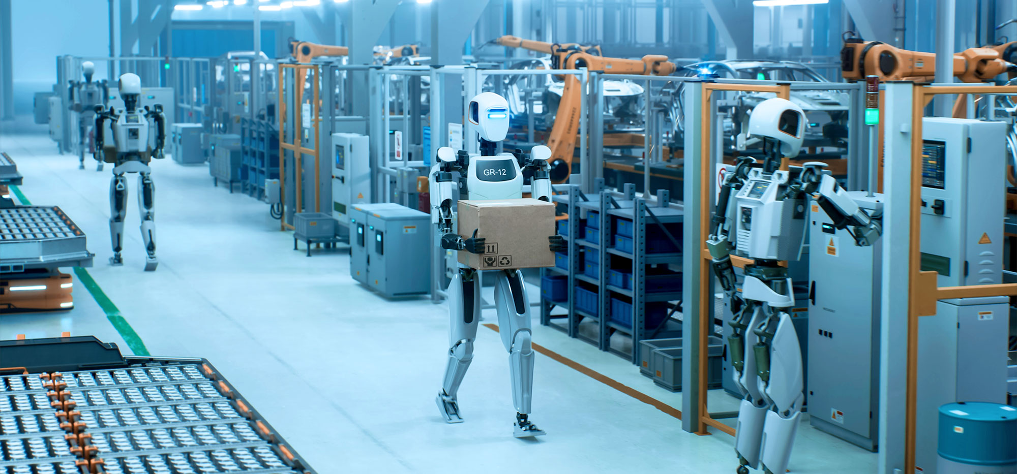 Des robots humanoïdes utilisés dans un environnement d'essai industriel pour des applications robotiques modernes