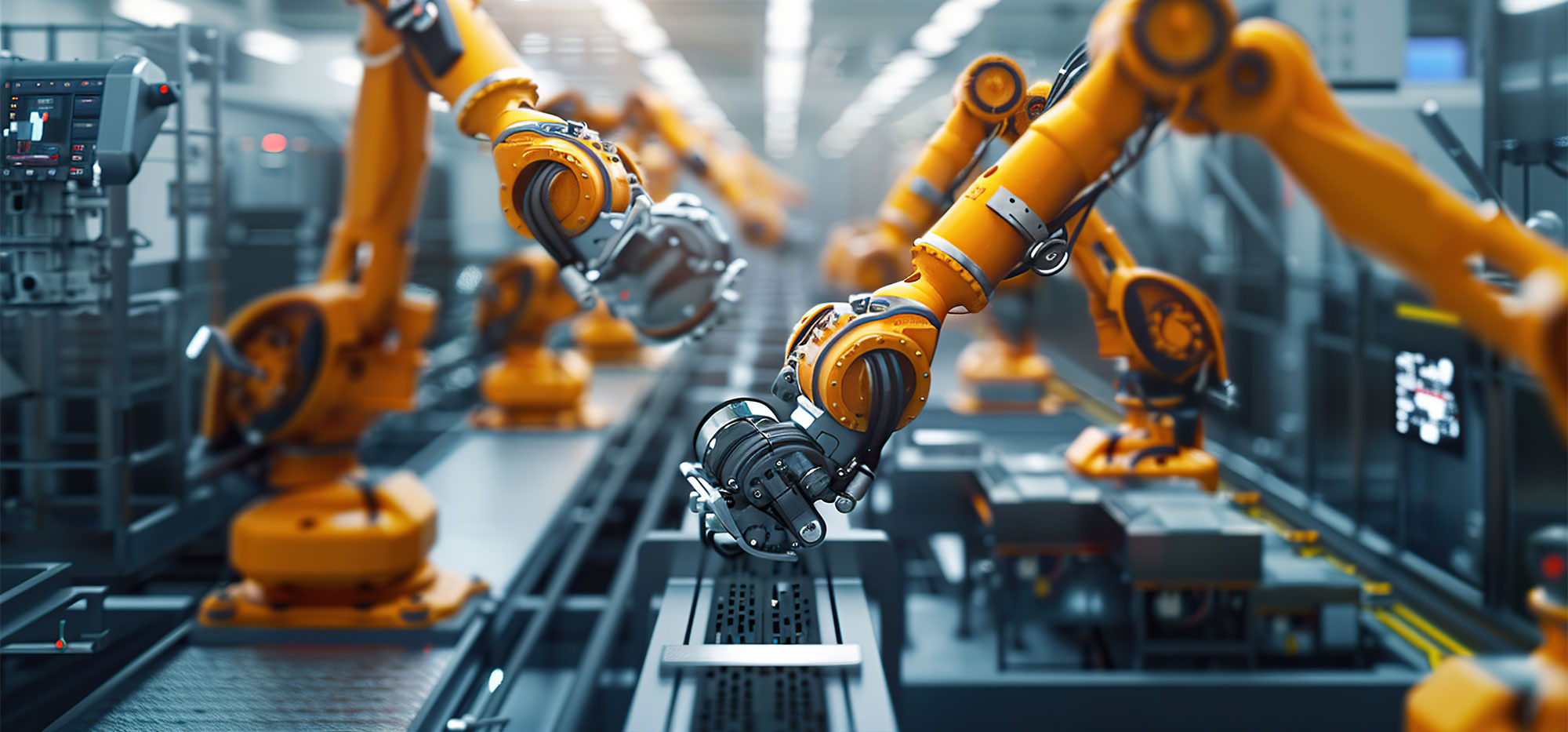 Mehrere Industrieroboter in einer automatisierten Fertigungsanlage für präzise Montage- und Produktionsprozesse