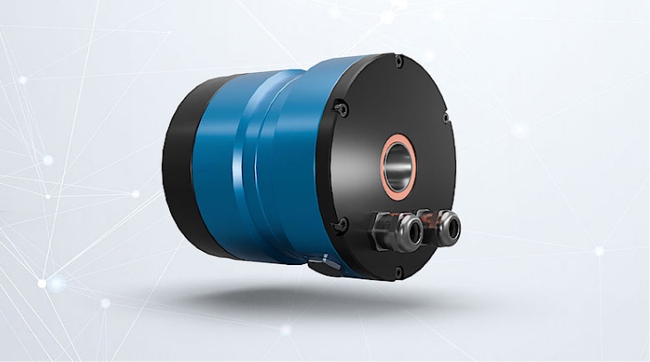 Actionneur bleu compact avec connecteurs et arbre creux pour les entraînements dans les applications robotiques