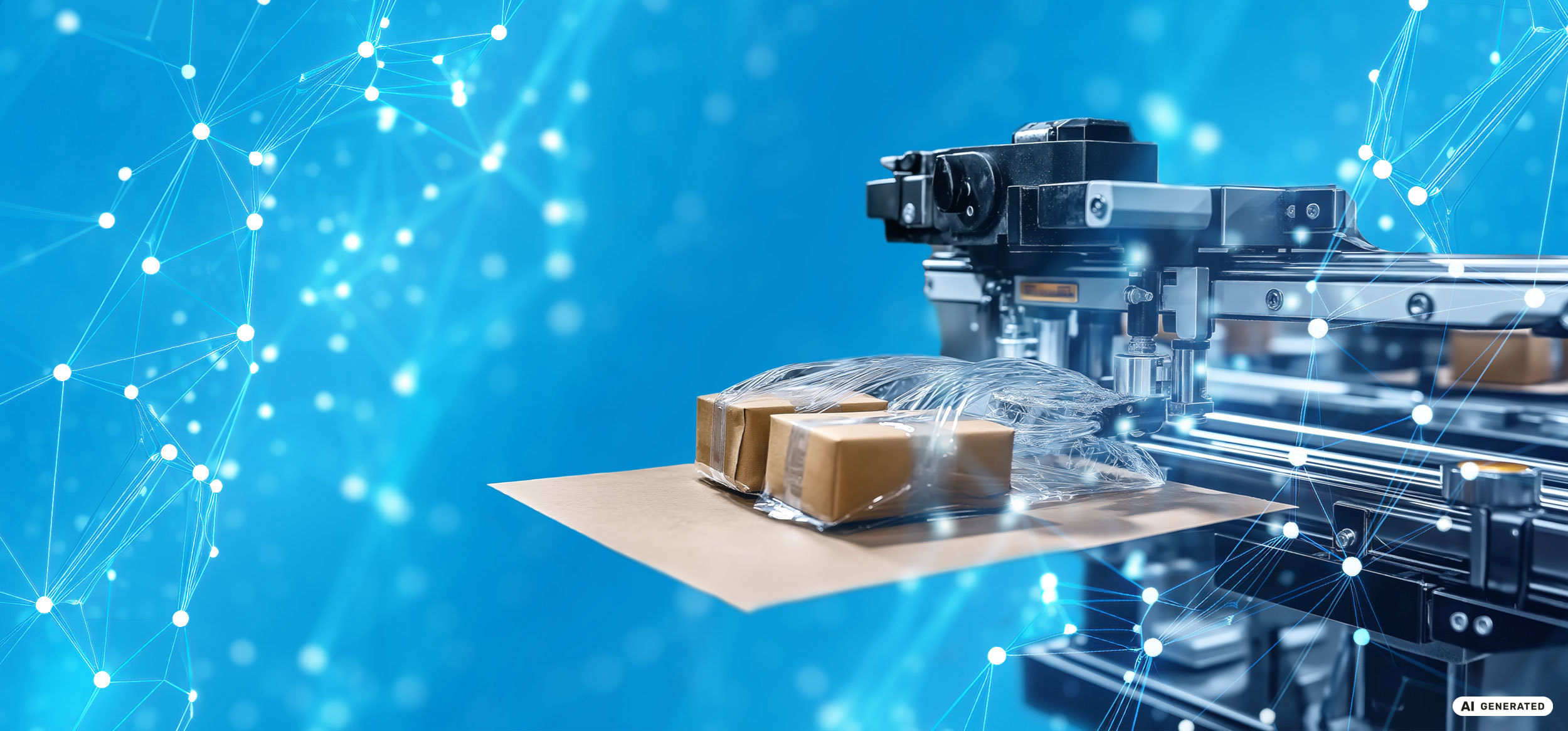 Verpackungsmaschine beim Umwickeln von Kartons in der Fertigung