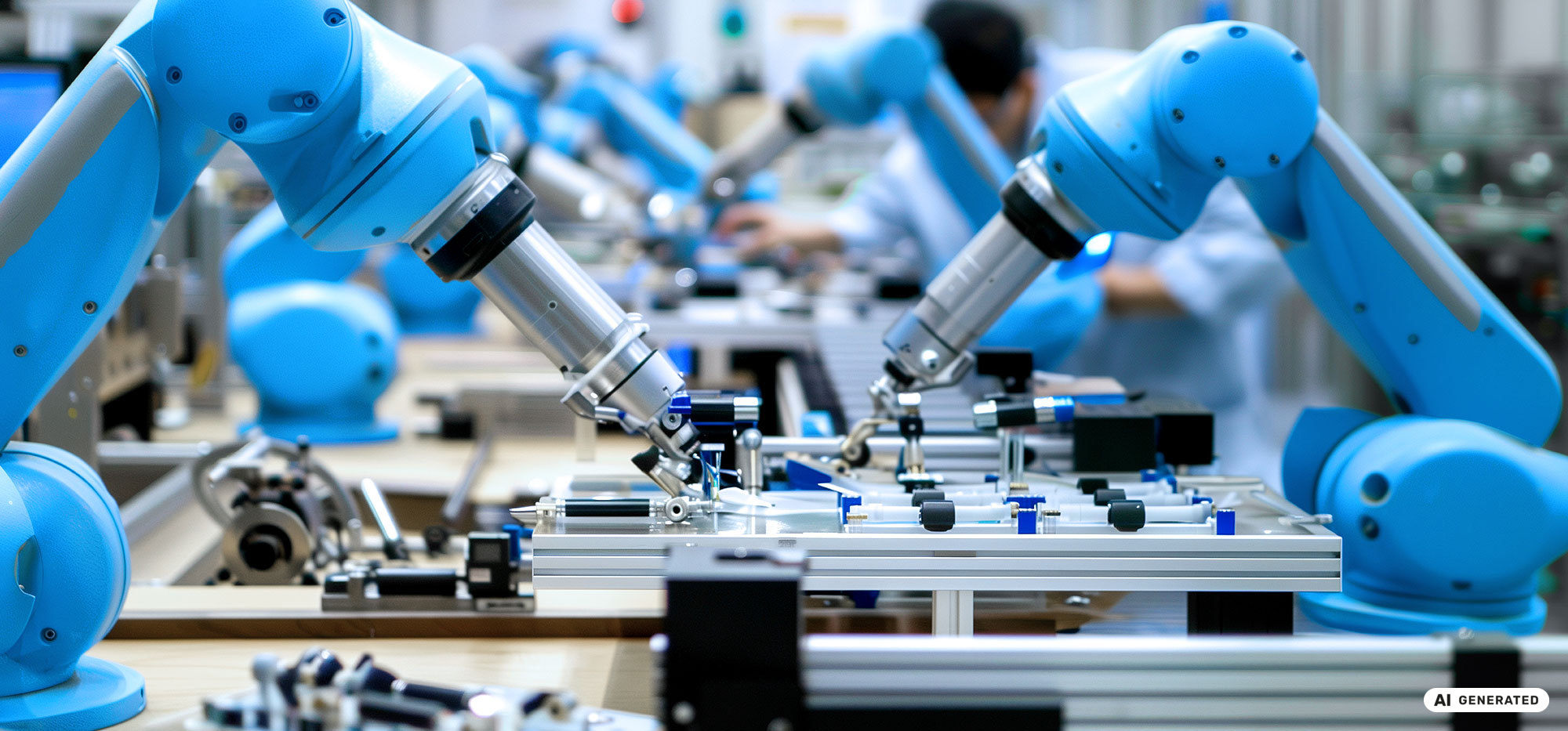 Blaue Cobots montieren Kleinteile in einer automatisierten Produktionslinie