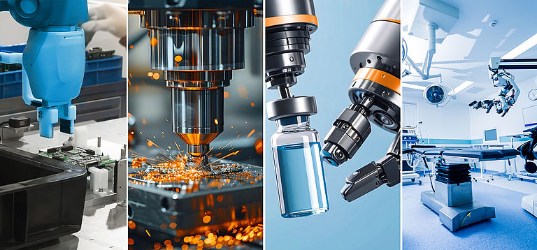 Vier Anwendungsbereiche für Präzisionsgetriebe: Elektronikmontage, Zerspanung, Automobilfertigung und robotergestützte Medizintechnik.