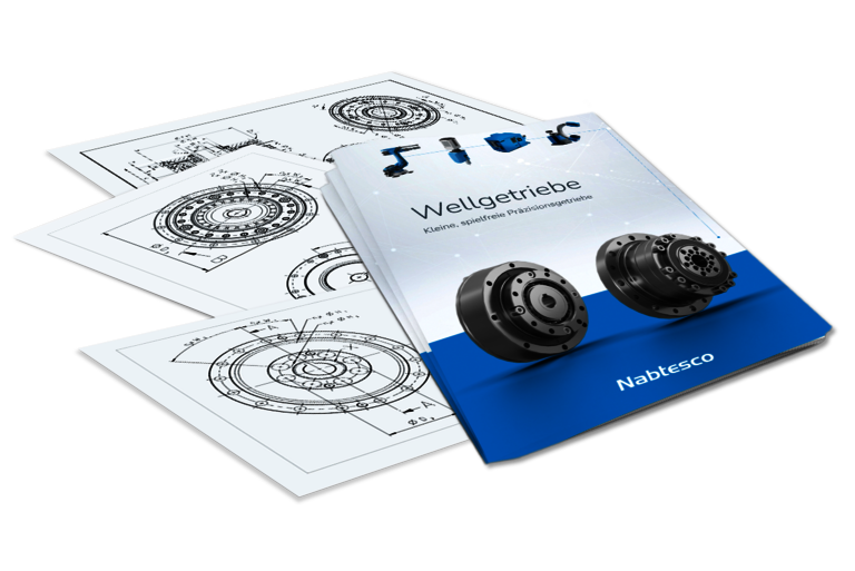 Produktbroschüre zu Nabtesco Wellgetrieben mit technischen Zeichnungen im Hintergrund