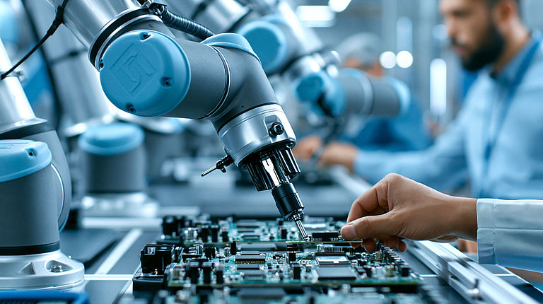 Cobot unterstützt Fachkraft bei der präzisen Montage elektronischer Bauteile in einer Serienfertigung