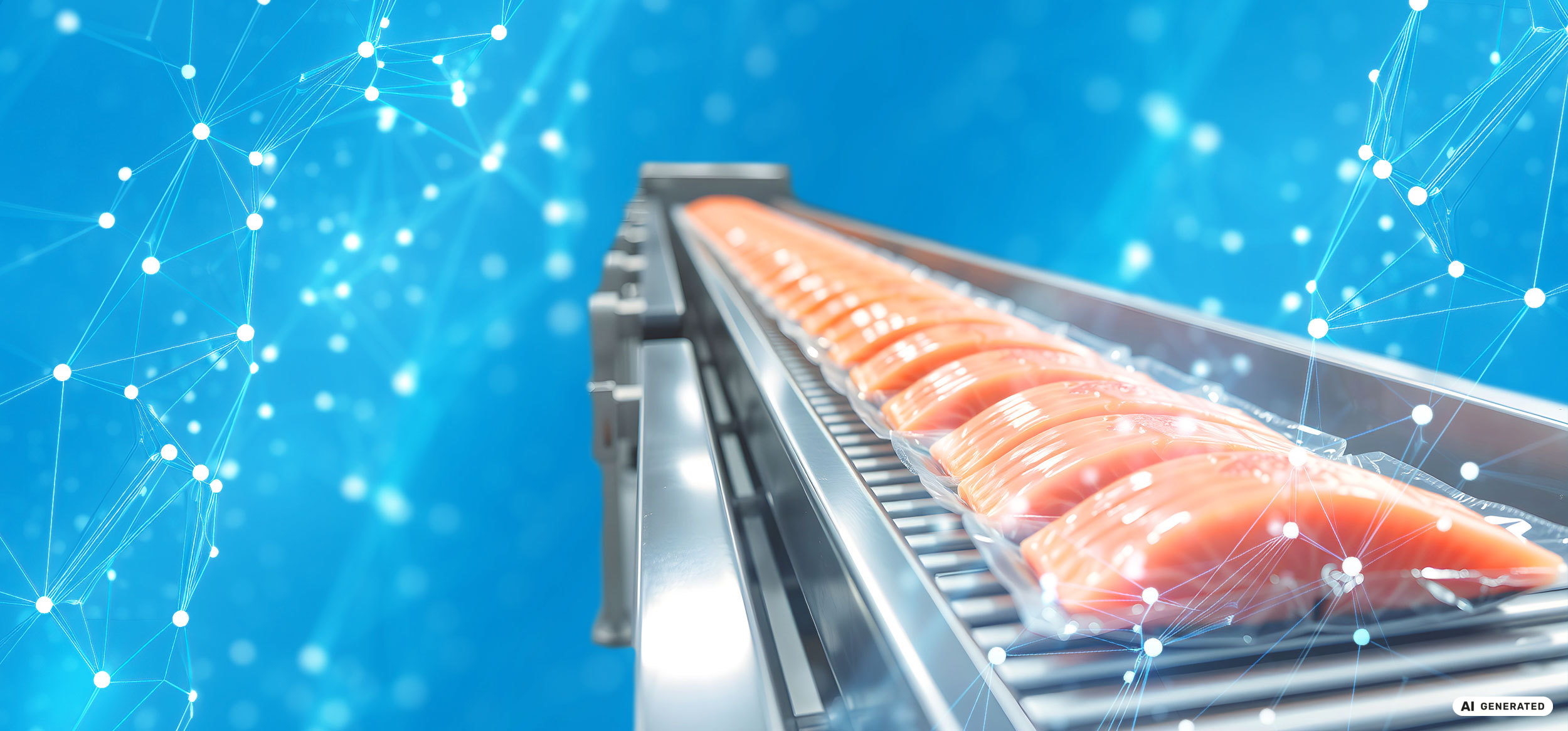 Lachsfilets auf einem automatisierten Förderband in der Lebensmittelproduktion