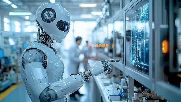 Humanoider Roboter bedient ein digitales Bedienpanel in einer industriellen Umgebung