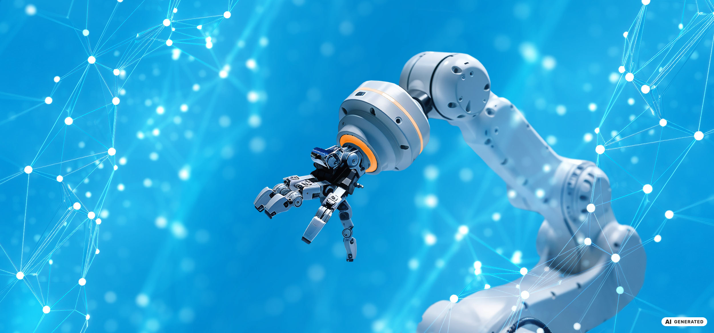 Roboterarm mit Greifer vor digital vernetztem Hintergrund für Präzisionsgetriebe in der Robotik