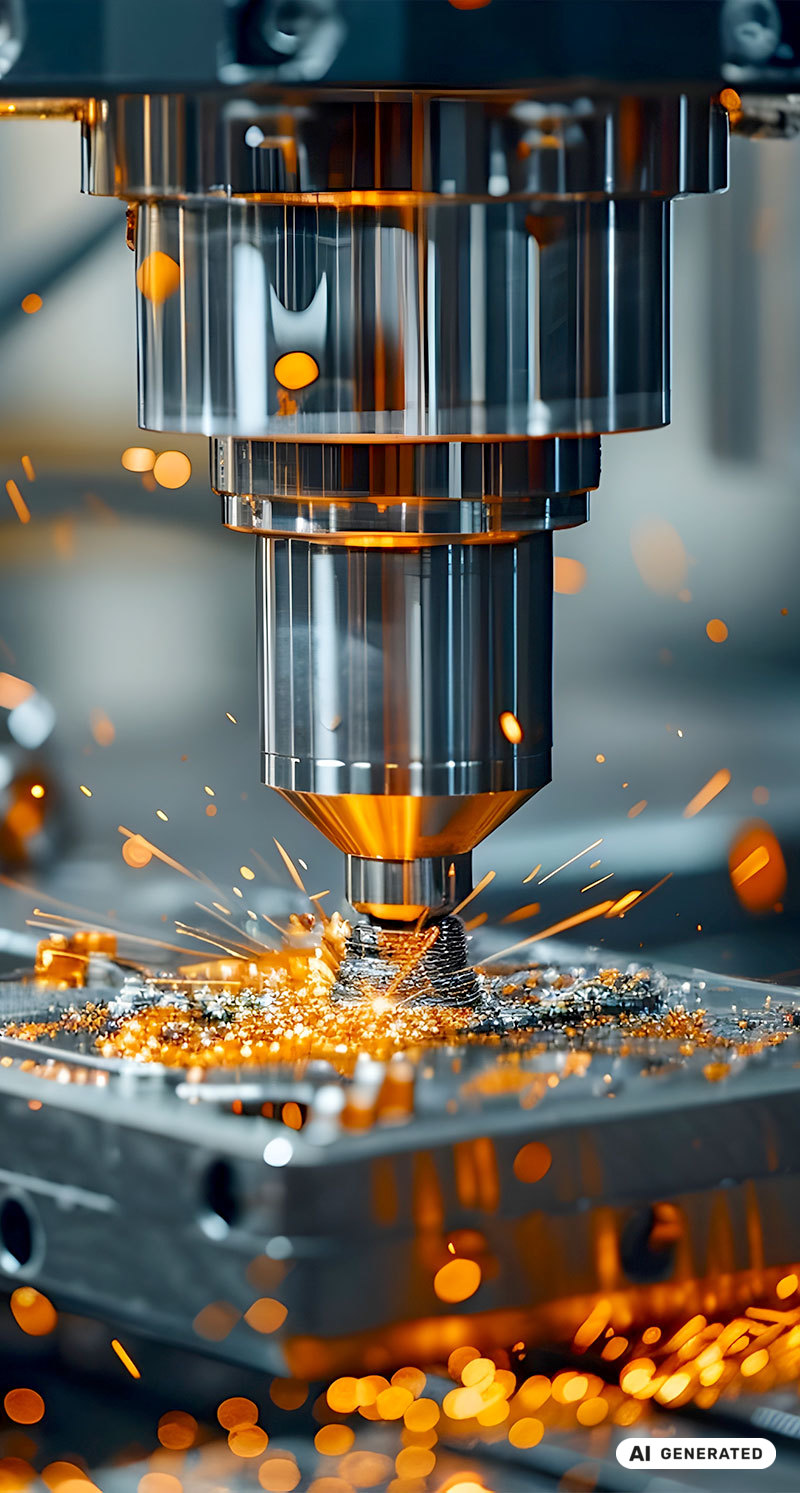 Präzise Metallbearbeitung mit Funkenflug an einer CNC-Maschine – Einsatzbereich für Nabtesco Präzisionsgetriebe